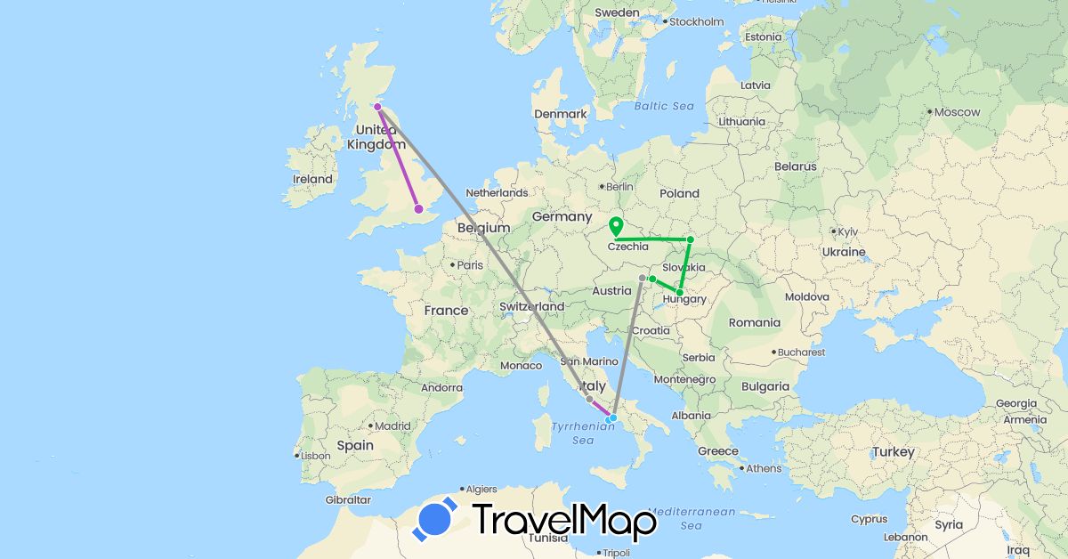 TravelMap itinerary: driving, bus, plane, train, boat in Austria, Czech Republic, United Kingdom, Hungary, Italy, Poland, Slovakia (Europe)